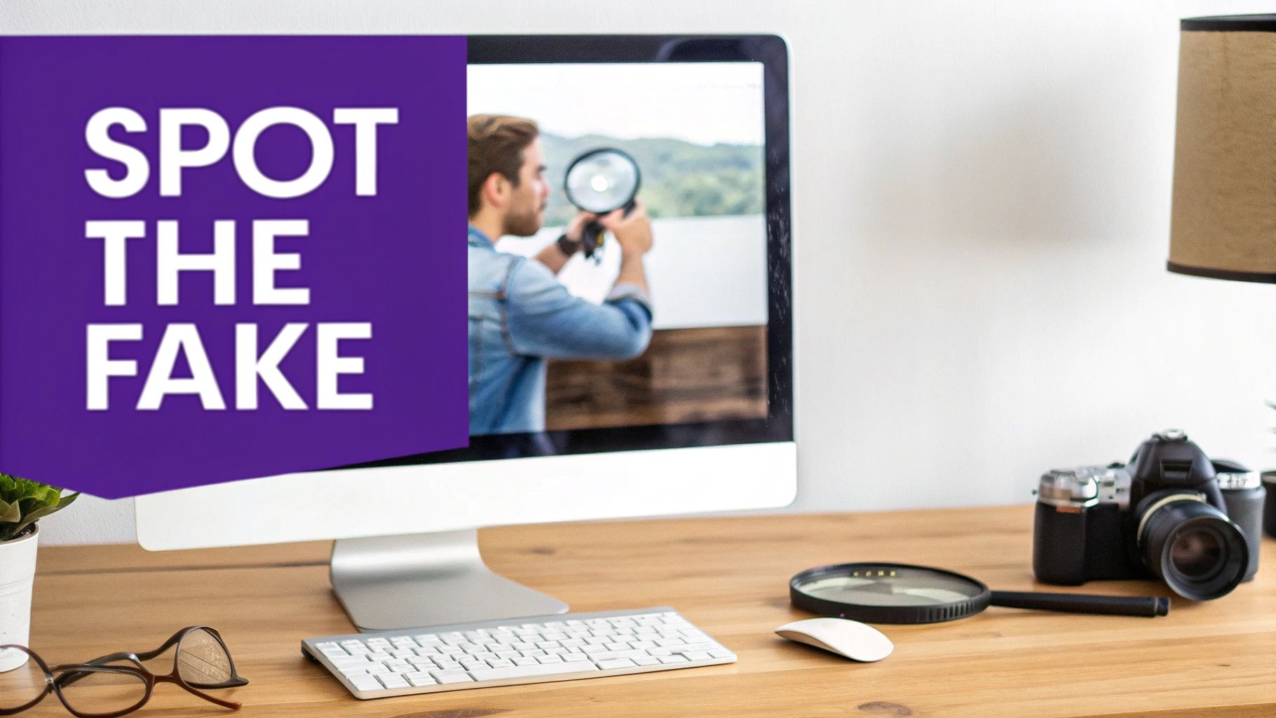 A desk with a monitor displaying 'SPOT THE FAKE', a camera, magnifying glass, keyboard, and glasses.