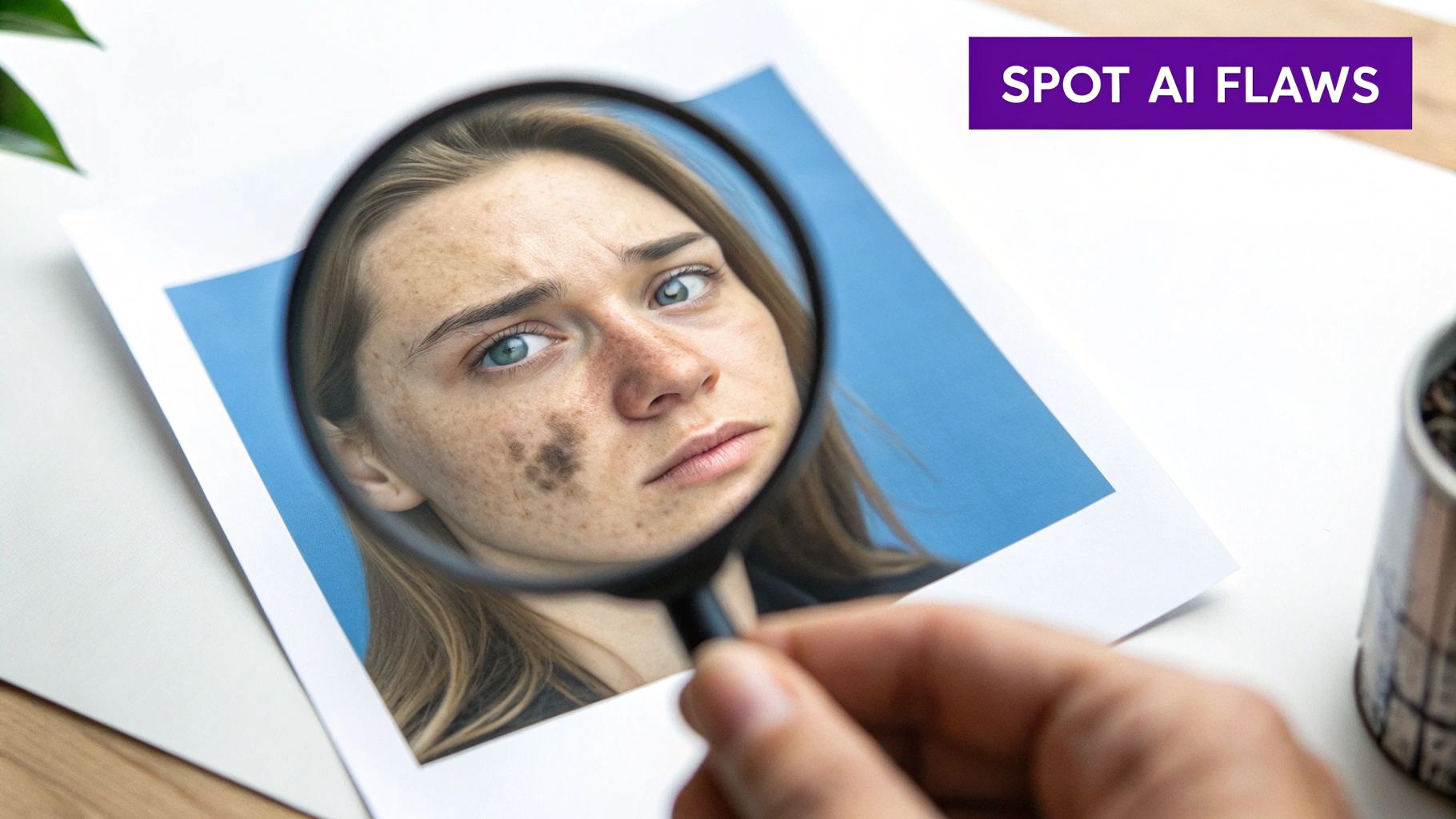A hand holds a magnifying glass over a printed photo of a woman with a dark spot on her cheek.