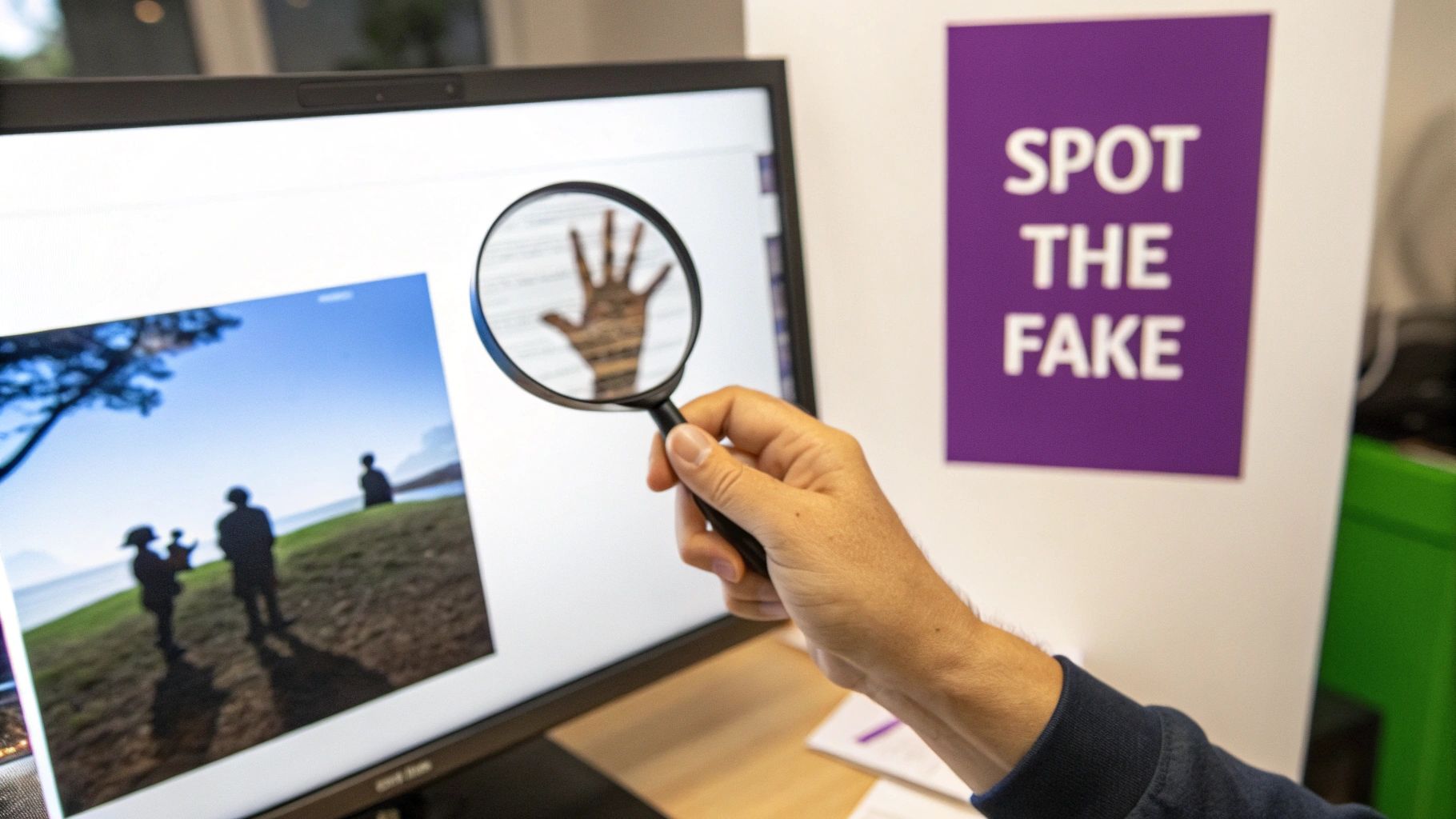 A hand holds a magnifying glass over a computer screen, near a 'Spot the Fake' sign.