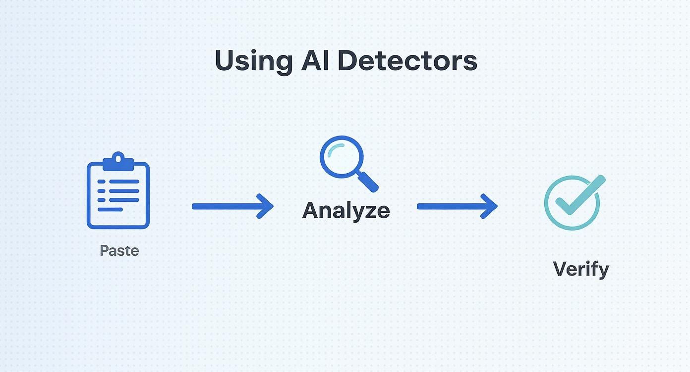 Flowchart illustrating the steps for using AI detectors: paste content, analyze it, and verify results.