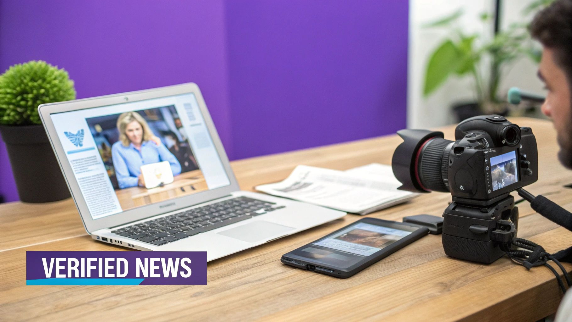 A person uses a camera and laptop with a 'VERIFIED NEWS' banner, for digital content creation.