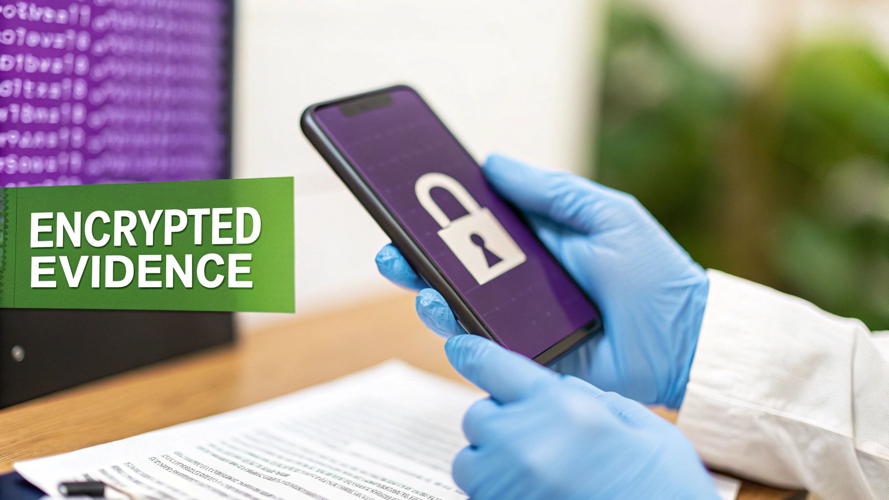 A person in blue gloves holds a smartphone displaying a padlock icon, with 'ENCRYPTED EVIDENCE' text.
