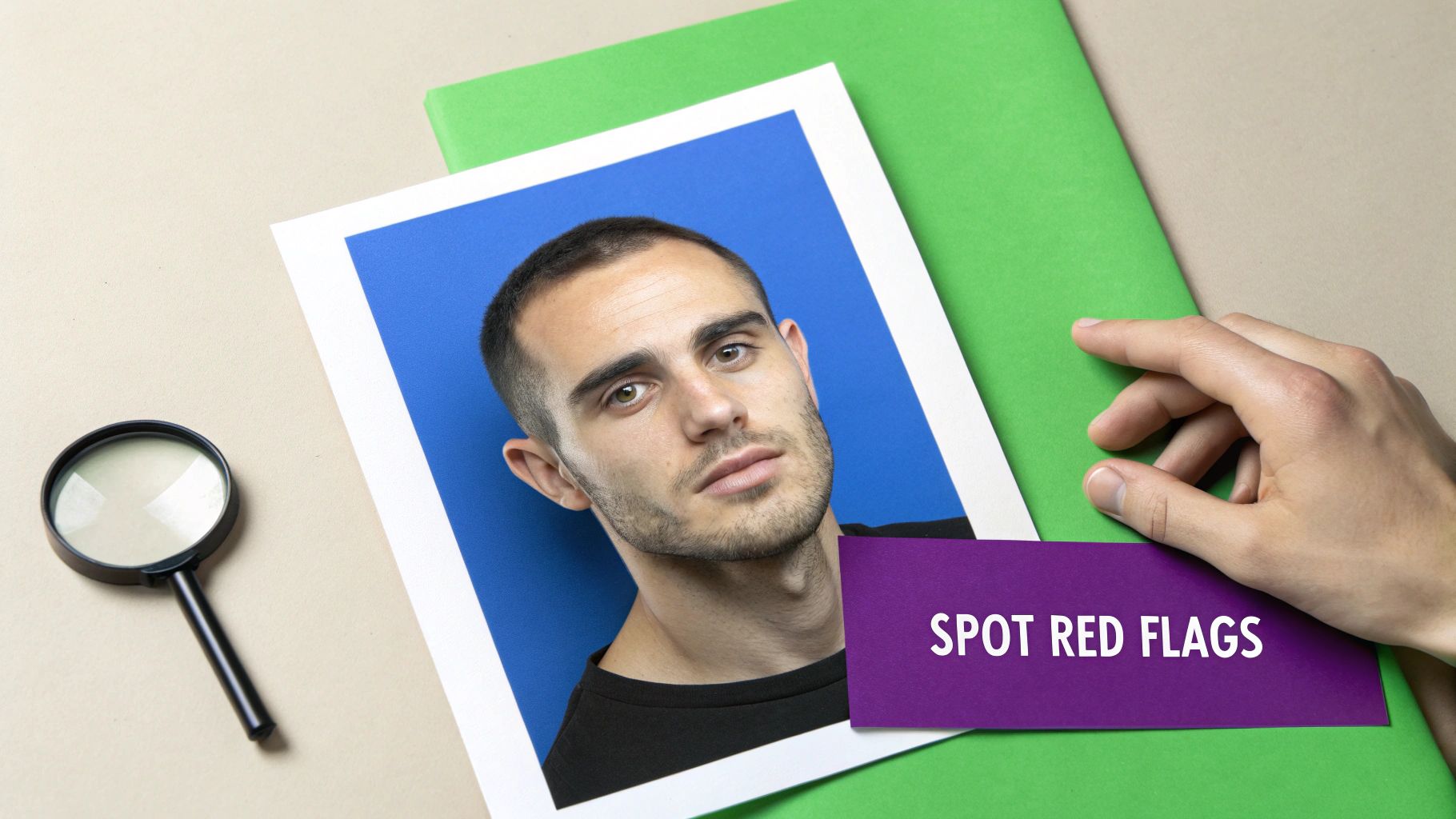 A hand holds a purple card with 'SPOT RED FLAGS' over a man's photo, with a magnifying glass nearby.