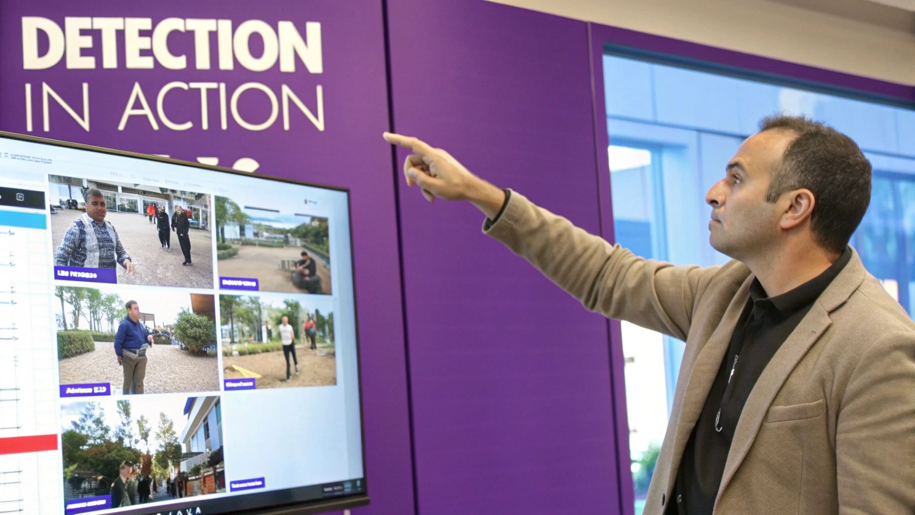 A man points at a large screen displaying multiple video feeds, with 'DETECTION IN ACTION' on the wall.