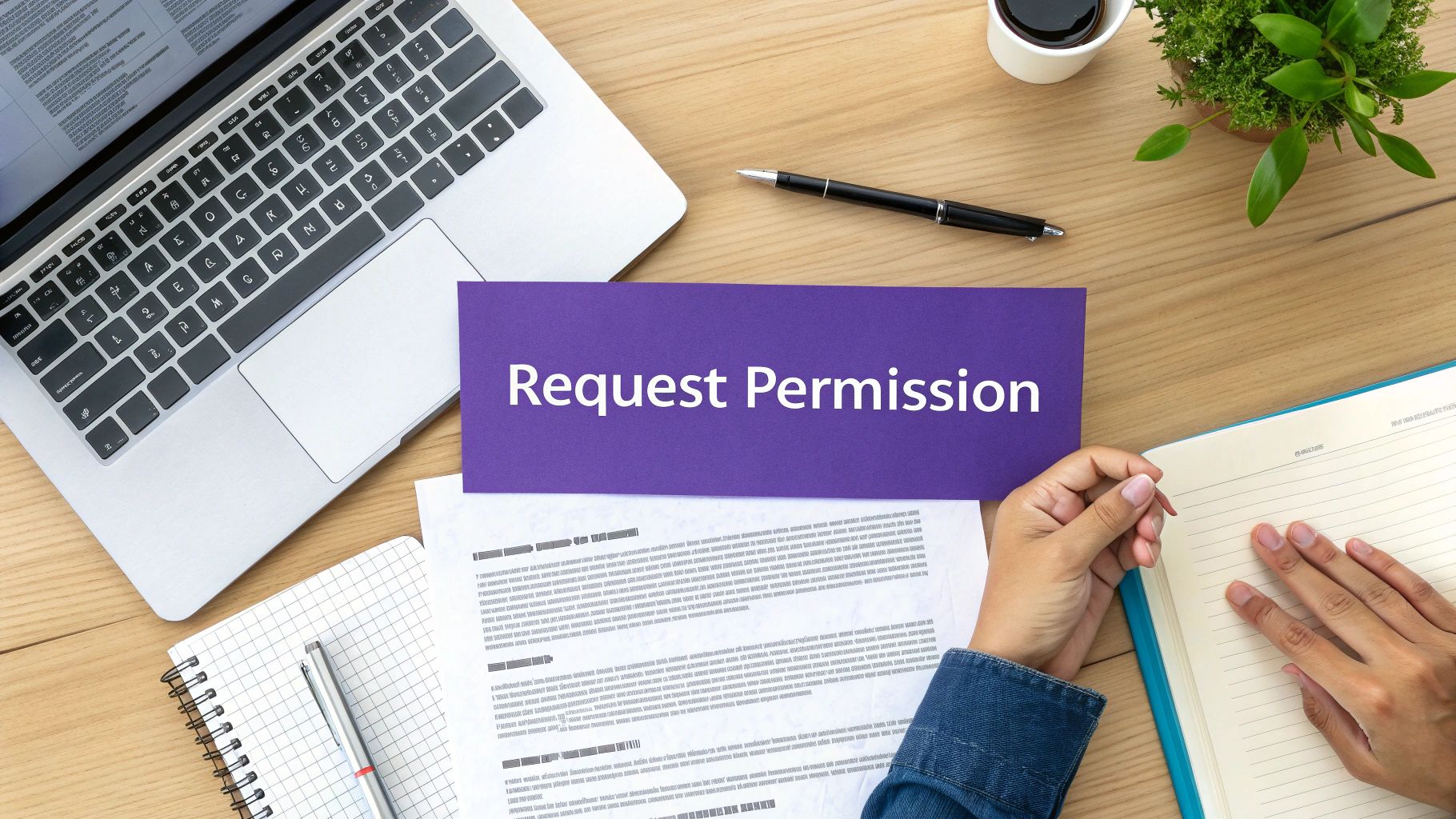 Overhead view of a desk with a laptop, documents, notebook, and a purple card stating 'Request Permission'.