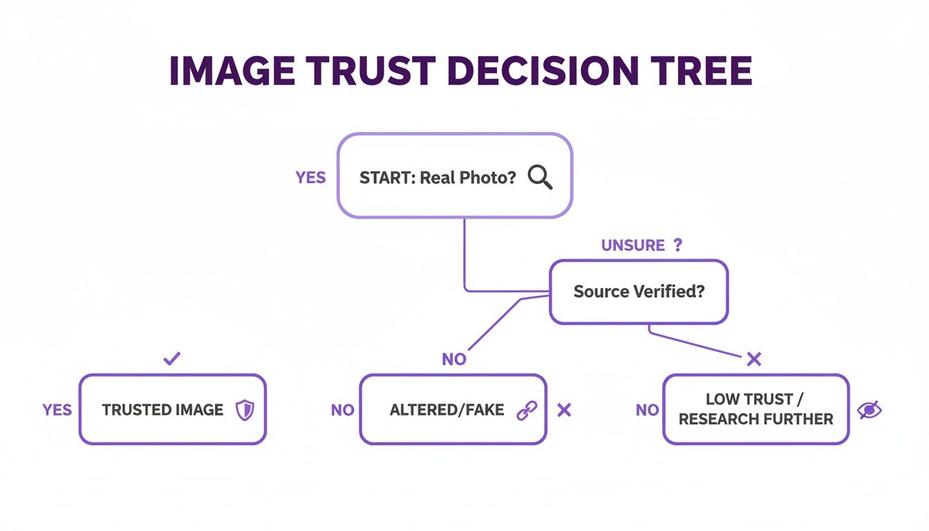 Decision tree illustrating how to assess image trust, leading to trusted, altered, or low trust outcomes.