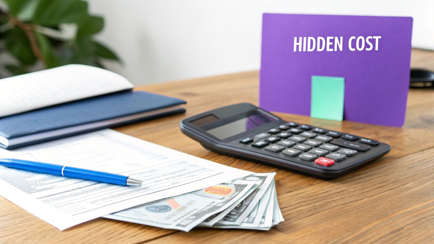 A desk with money, a calculator, and papers, next to a sign saying 'HIDDEN COST'.