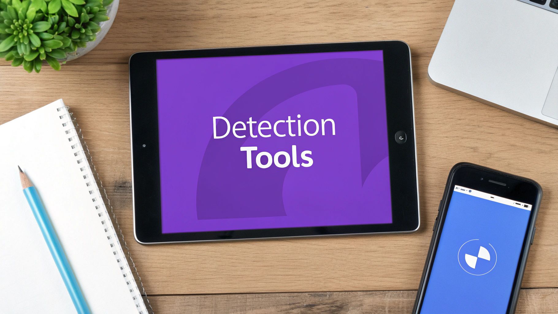 Flat lay of a desk with a tablet displaying 'Detection Tools', smartphone, laptop, and stationery.