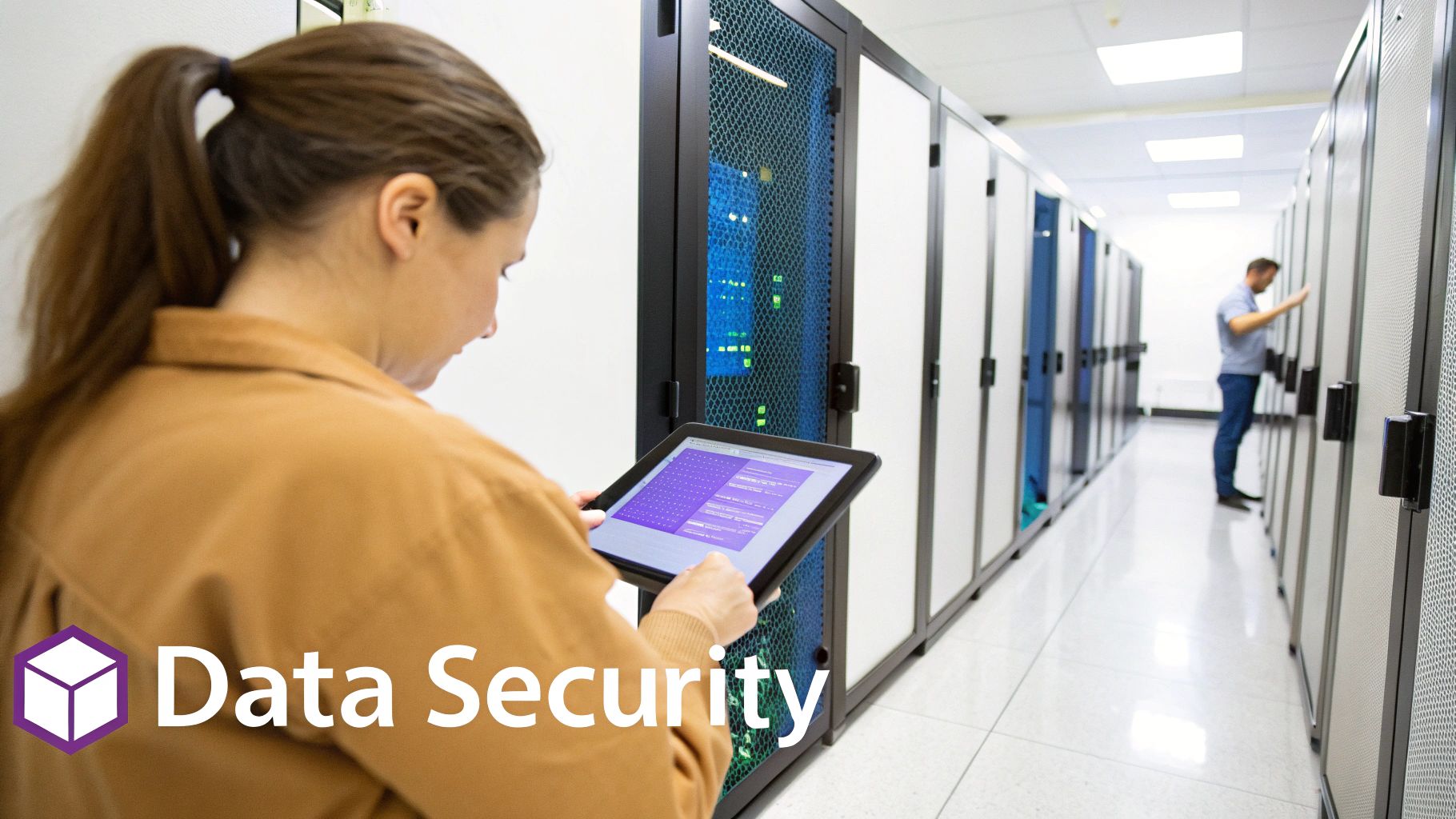 A woman checks server data on a tablet in a modern data center with blue lit racks.
