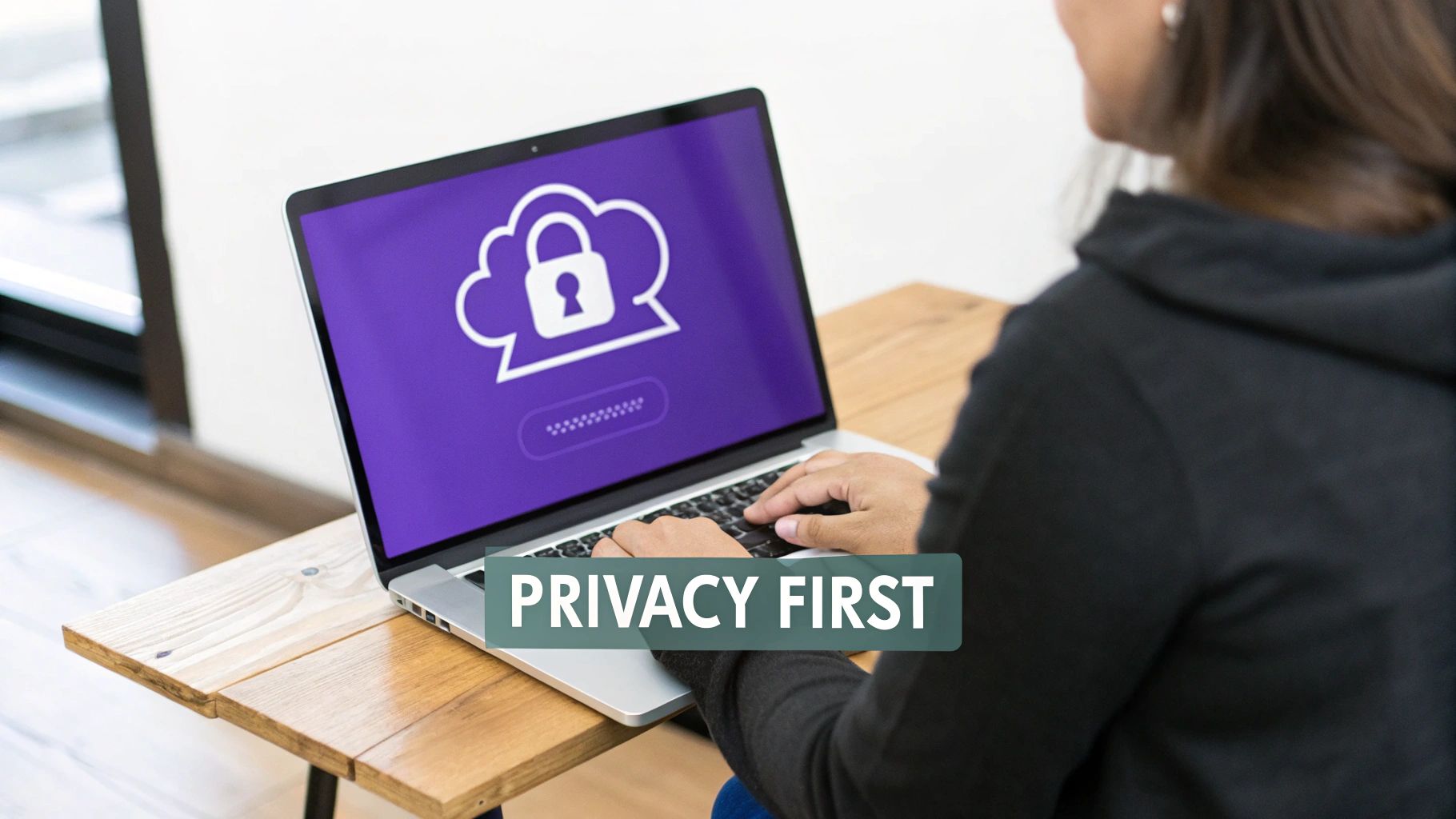 A person types on a laptop displaying a secure cloud icon and 'Privacy First' text.