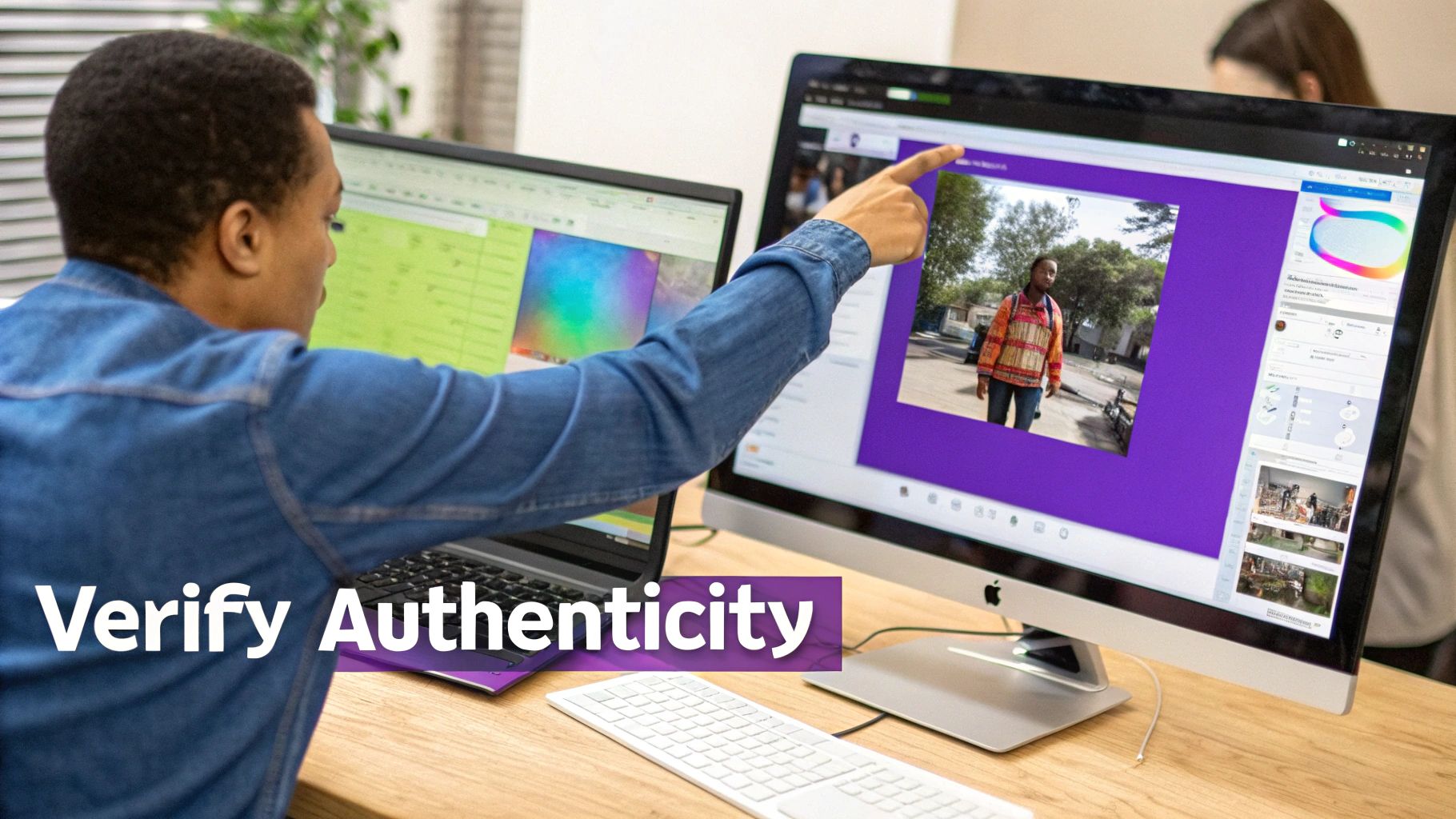 A person in a denim shirt points at a monitor displaying an image, with a laptop on a wooden desk.
