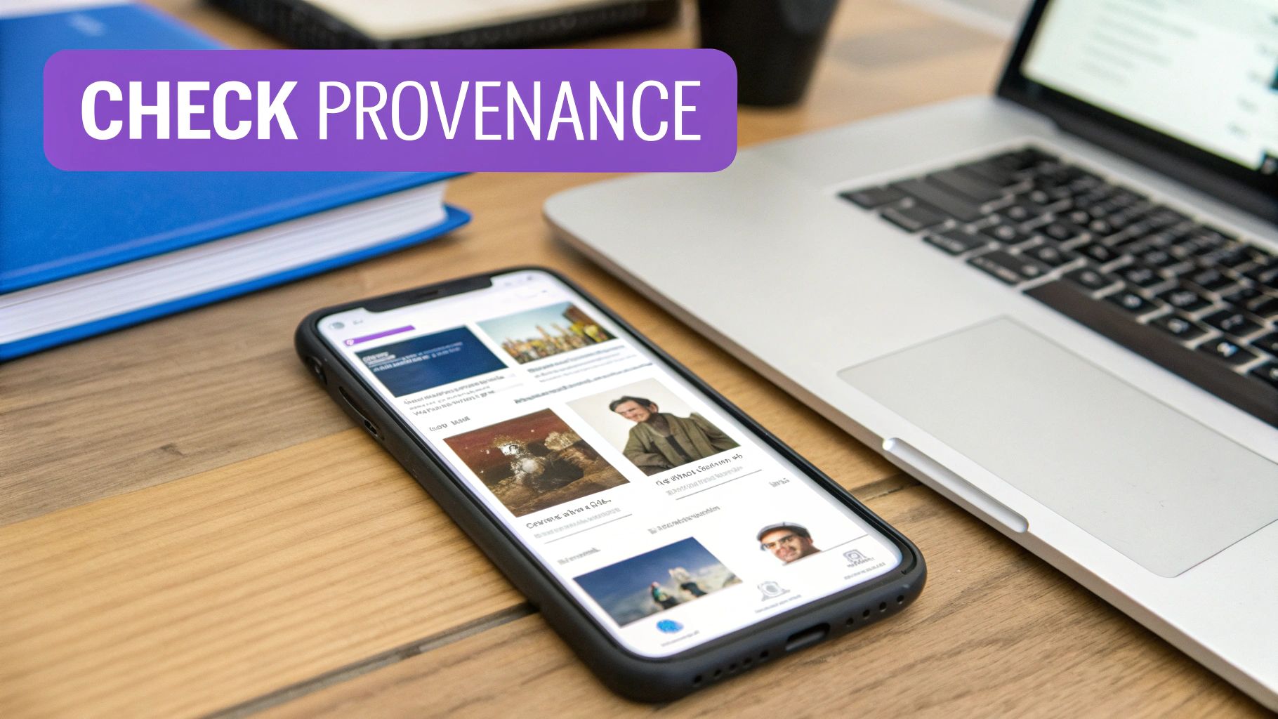 A smartphone displaying a content feed with a 'CHECK PROVENANCE' banner overlay, next to a laptop and book.
