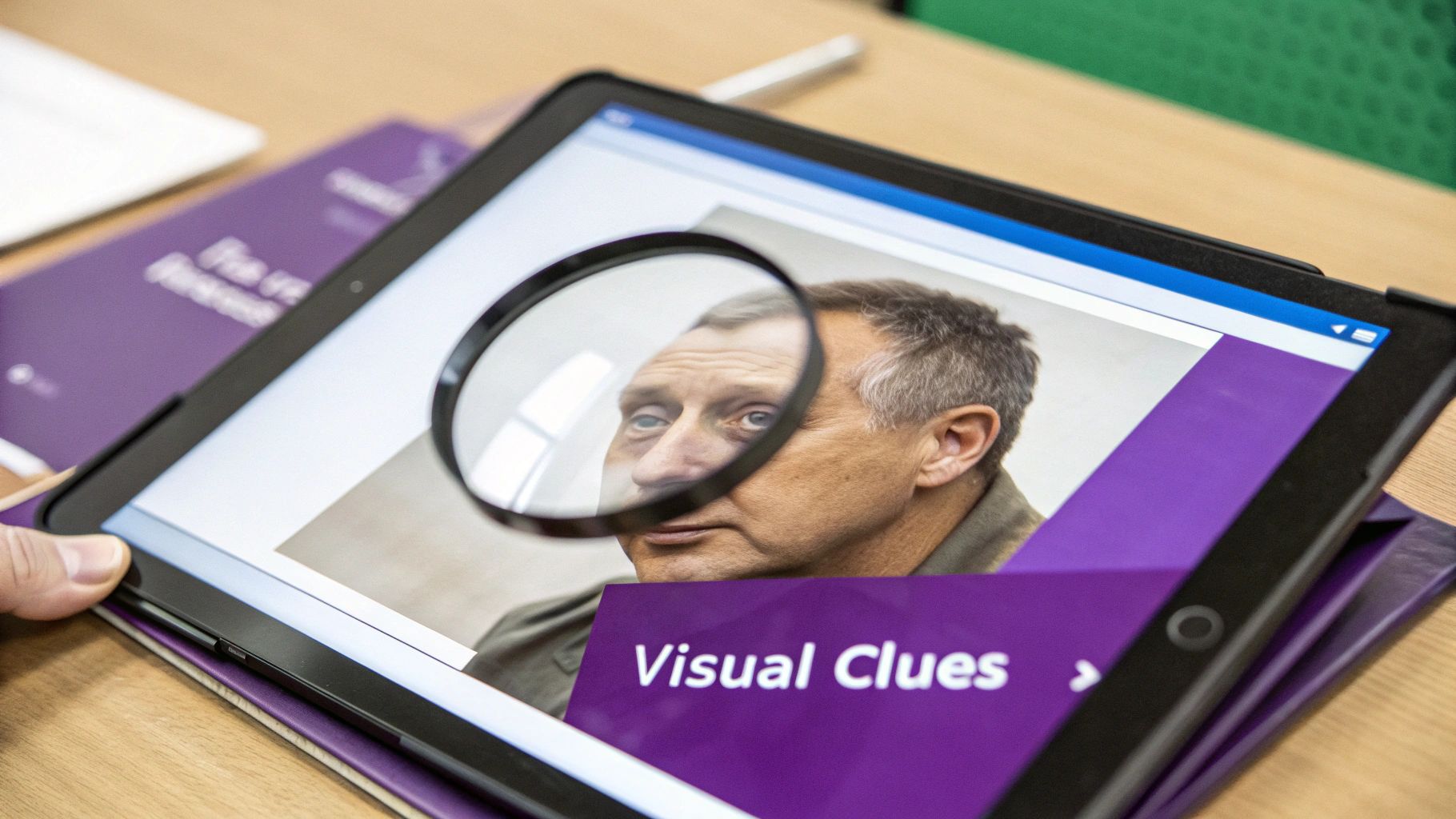 Close-up of a person holding a tablet showing a man's face and 'Visual Clues,' with a magnifying glass.