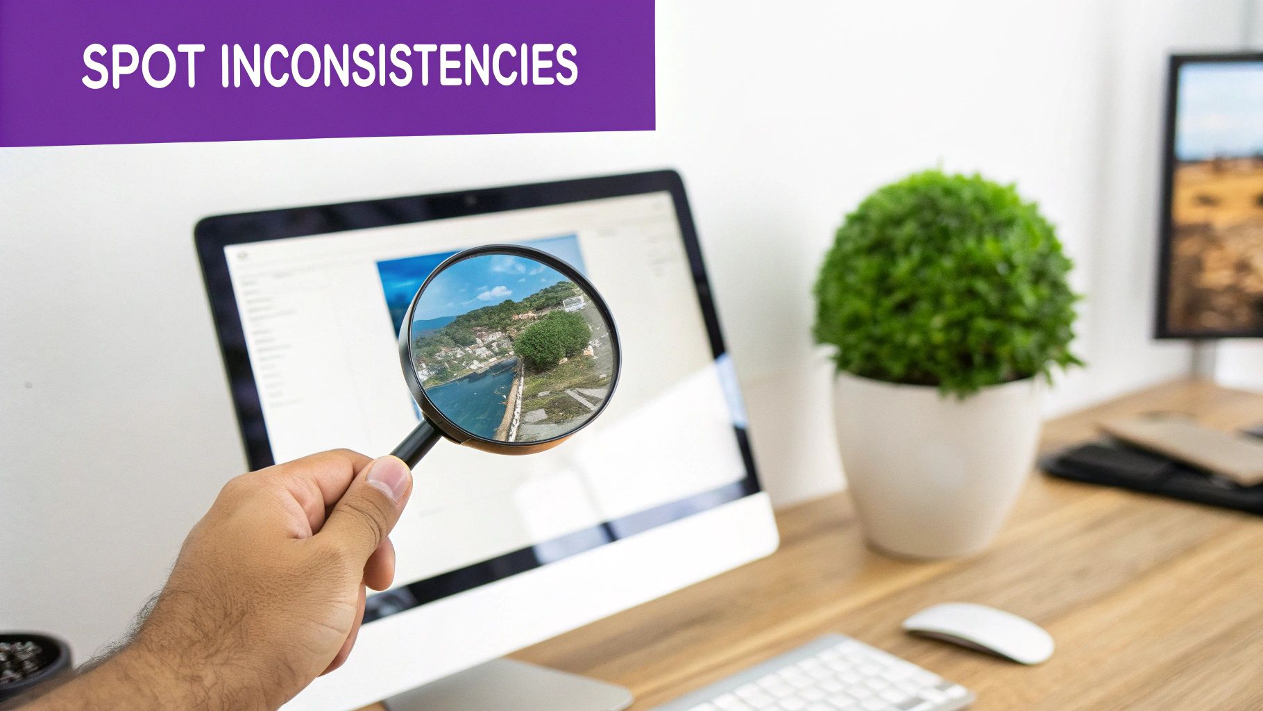 A hand holding a magnifying glass over a computer screen displaying an image of a coastal town.