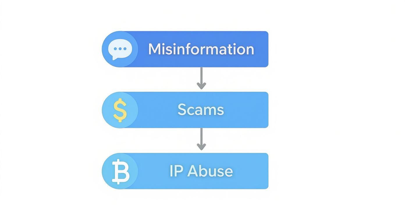 Flowchart illustrating the progression from misinformation to scams and ultimately to IP abuse.