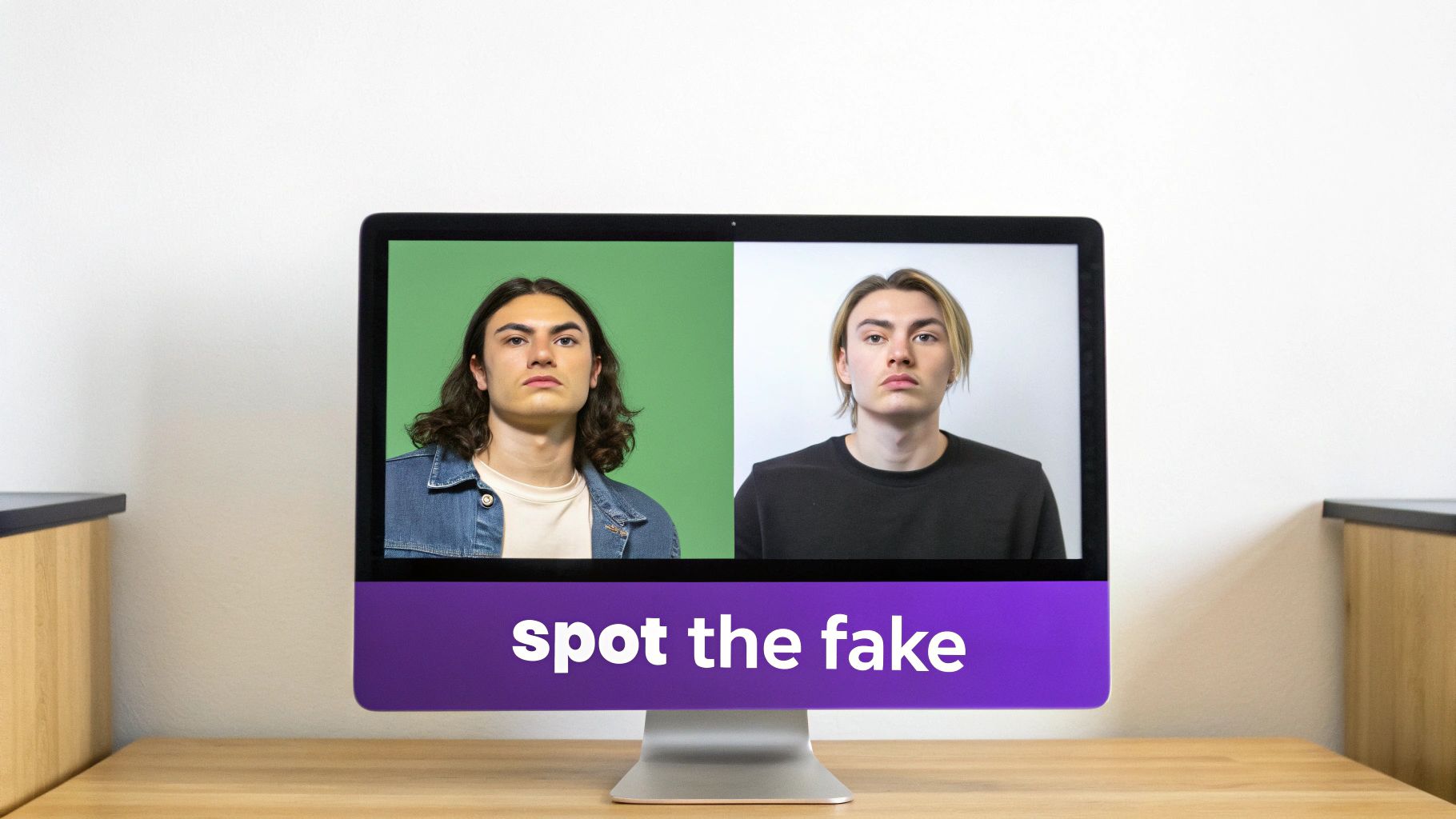 Computer monitor displaying two male portraits with 'spot the fake' text on a purple bar.