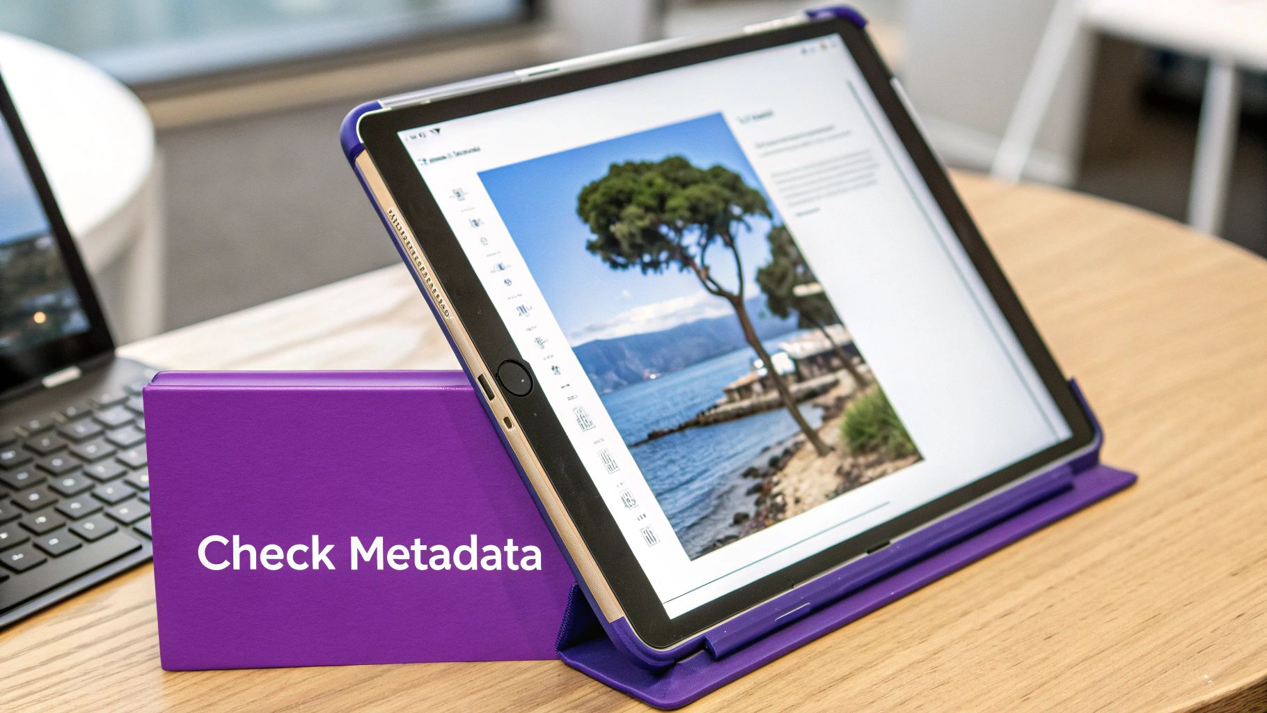 A tablet displaying a landscape image, resting on a purple stand with 'Check Metadata' text.