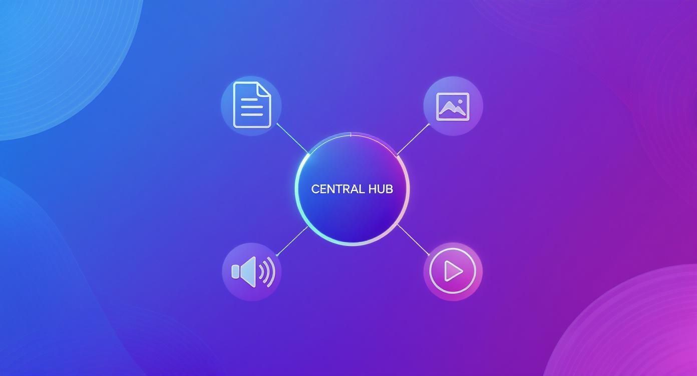 Central hub diagram connecting documents, images, audio, and video content in a digital network