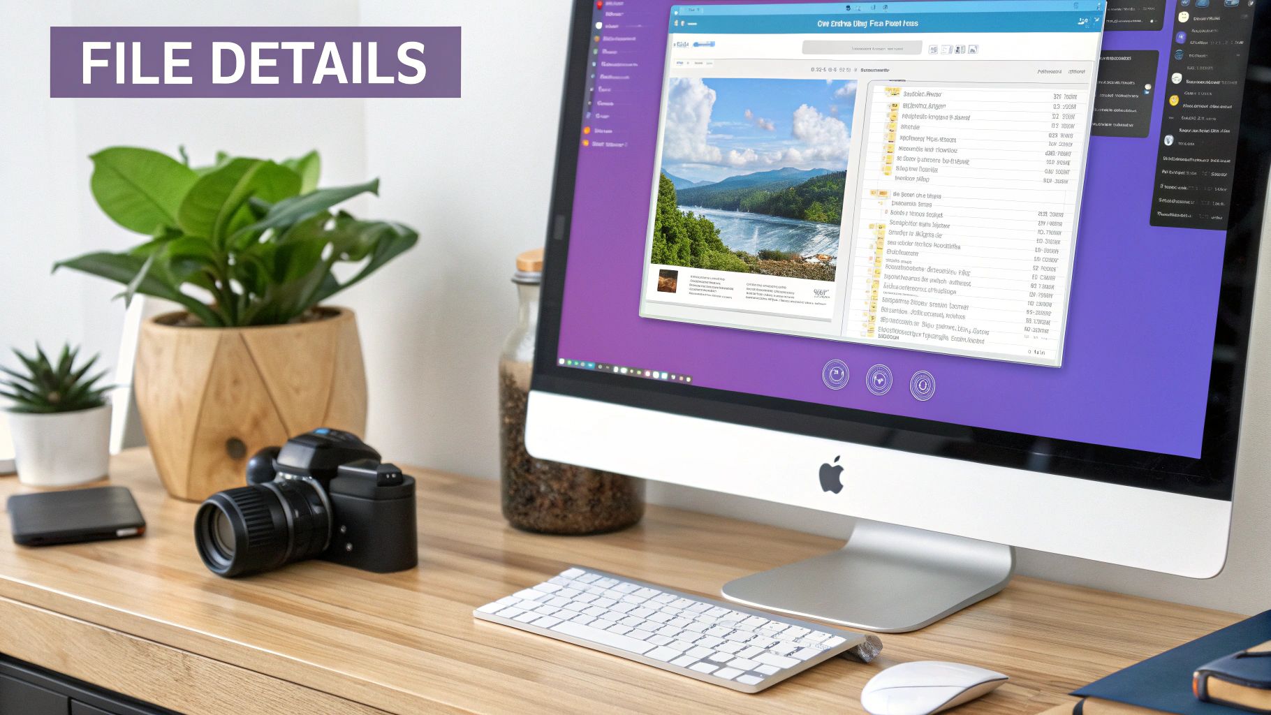 A computer screen displays file details for a landscape photo on a modern desk with a camera and plants.