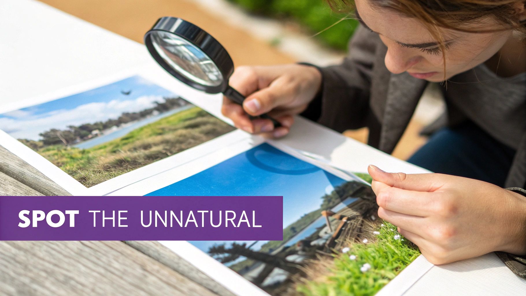 A person uses a magnifying glass to closely examine printed landscape photos on a wooden table.