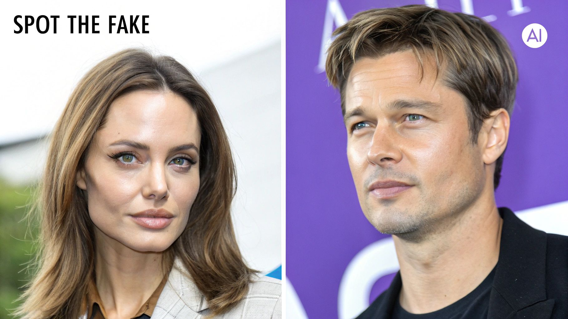 Side-by-side comparison of Angelina Jolie and an AI-generated male face, with a challenge to spot the fake.