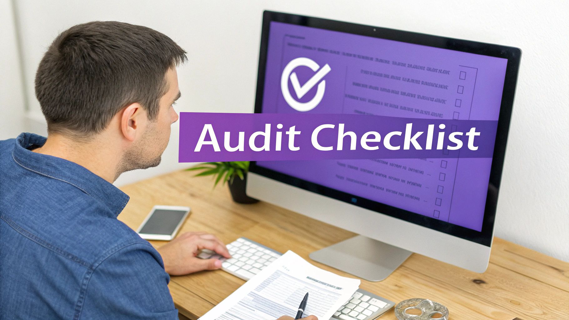 A man reviews an 'Audit Checklist' on a computer screen, holding a pen and documents.