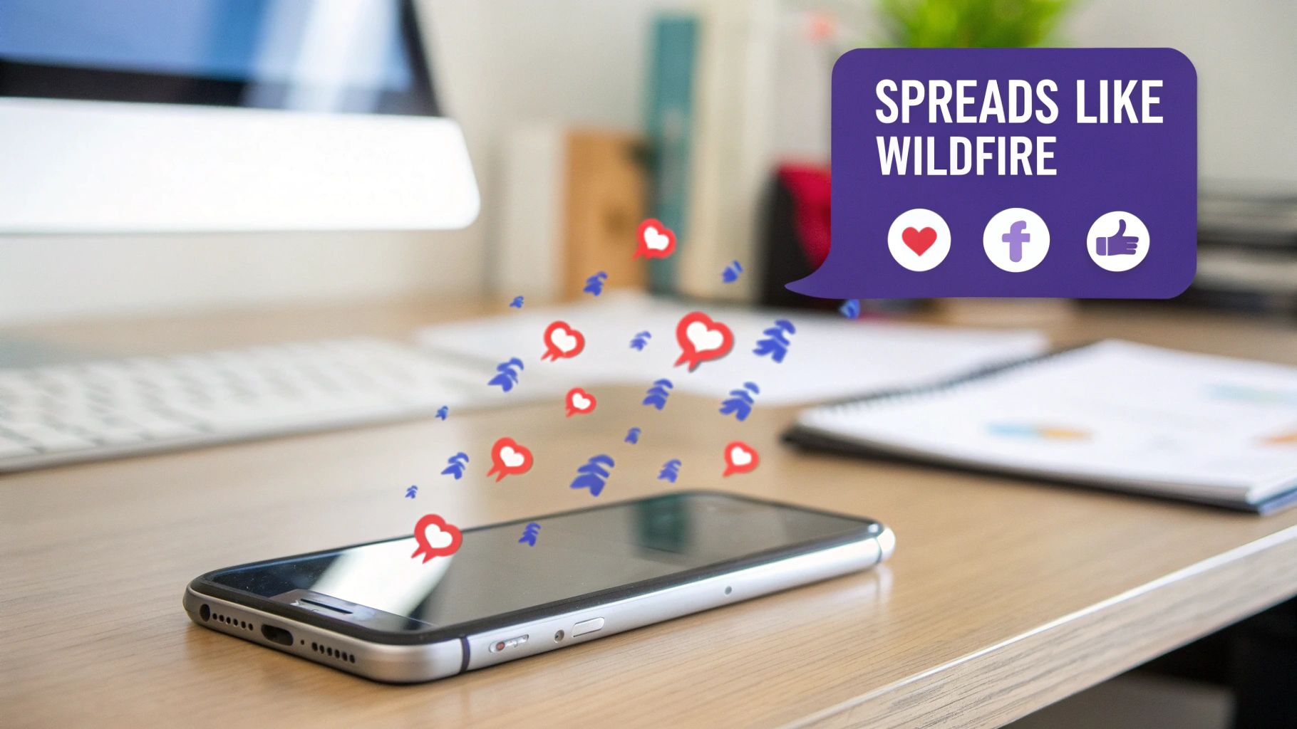 A smartphone on a desk with hearts and share icons floating, signifying social media virality.