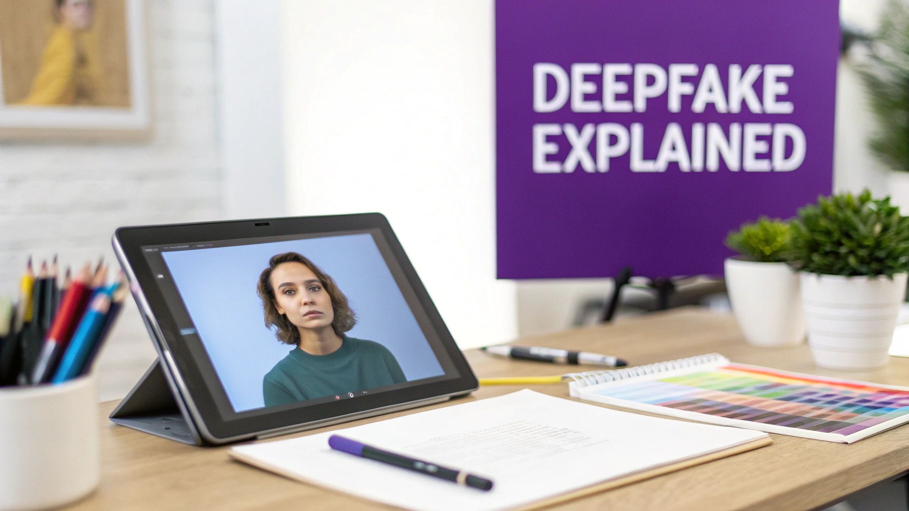 A tablet on a wooden desk displays a woman's face, with a 'DEEPFAKE EXPLAINED' sign in the background, surrounded by office supplies.