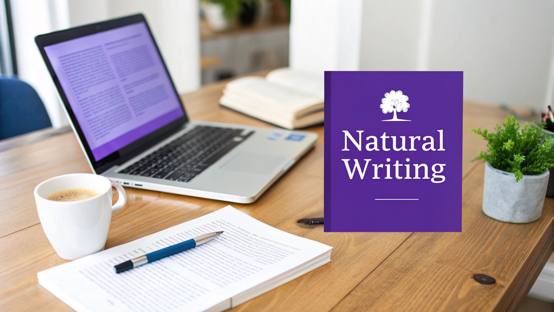 A person working on a laptop with abstract digital network lines overlaid, symbolizing AI writing.