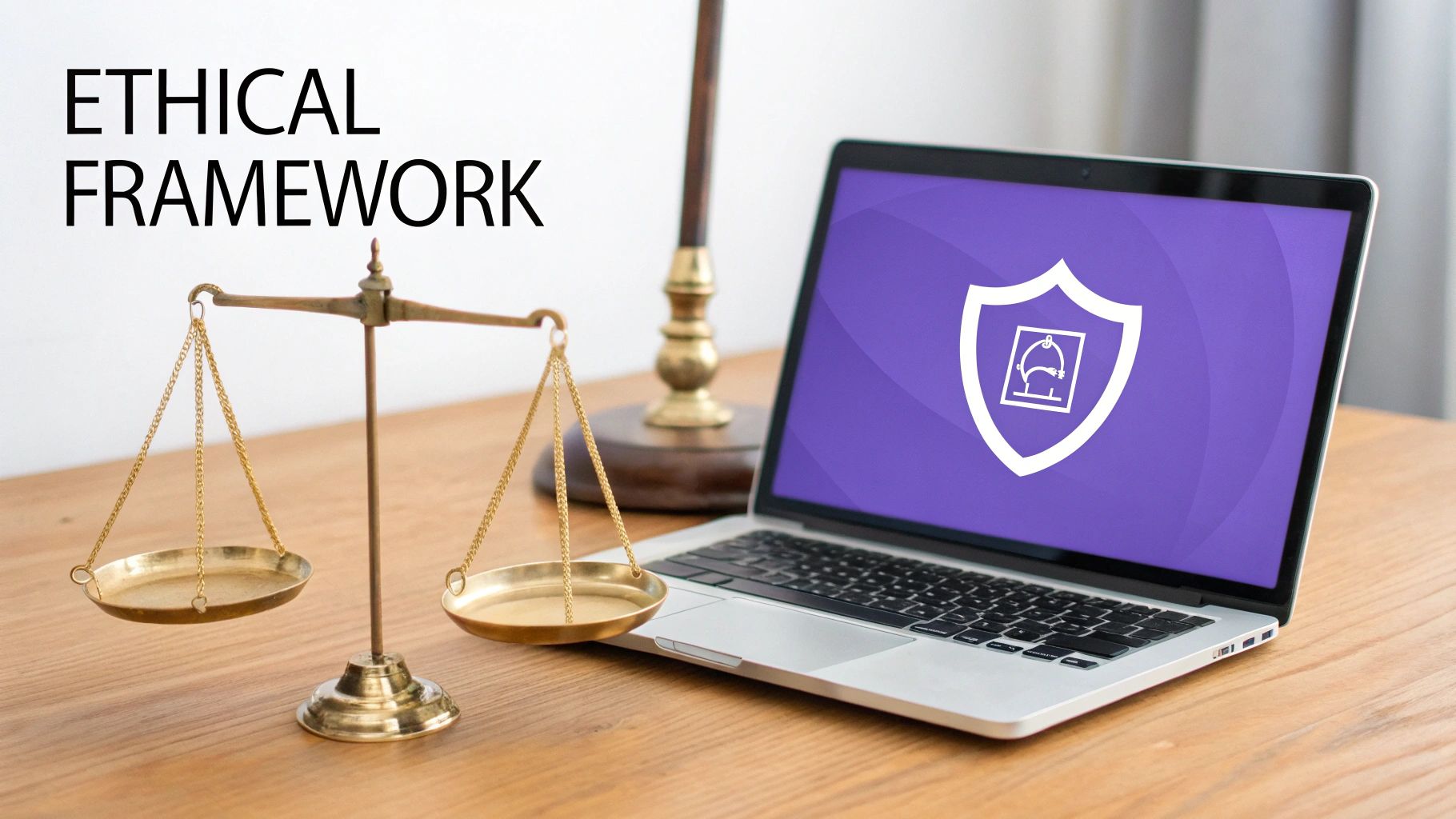 Brass scales of justice and a laptop displaying a shield icon, with "Ethical Framework" text.