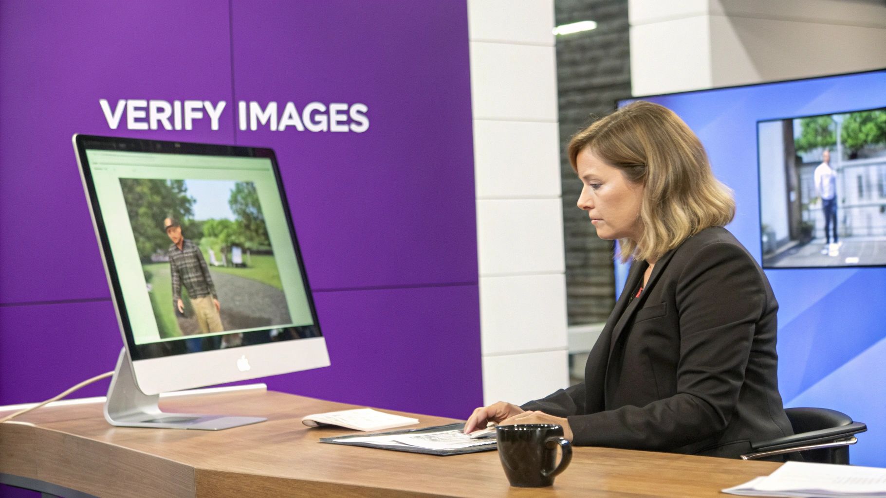 A professional woman examining images on a computer screen in a verification studio.