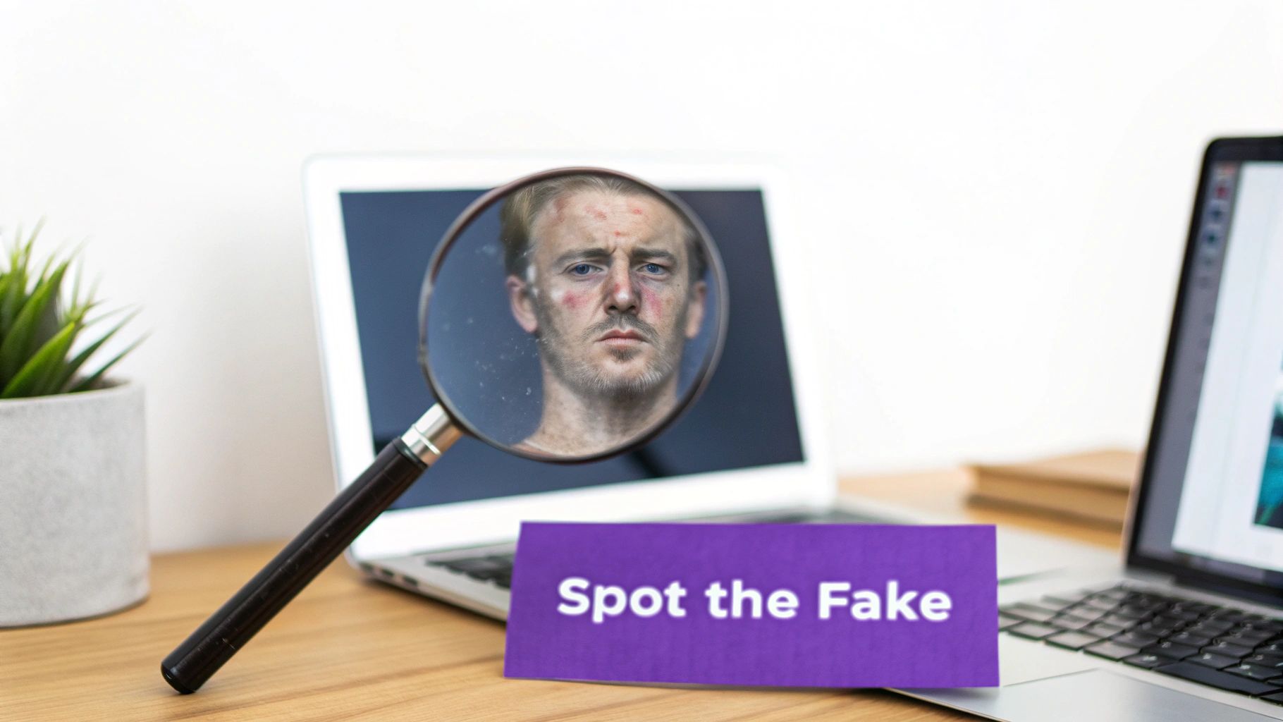 A magnifying glass highlights a man's face on a laptop screen with a 'Spot the Fake' sign.