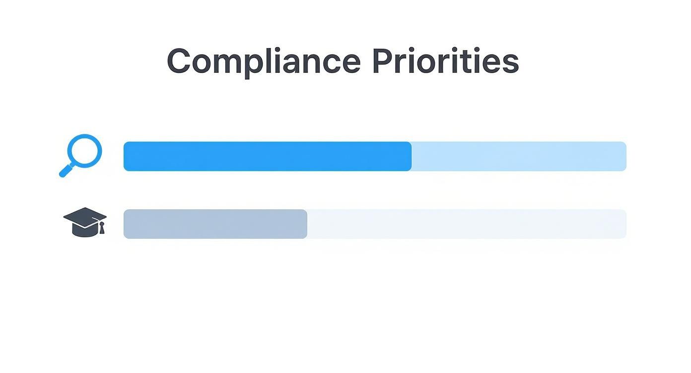 Infographic showing 'Compliance Priorities' with two progress bars: search icon (blue) and graduation cap (gray).