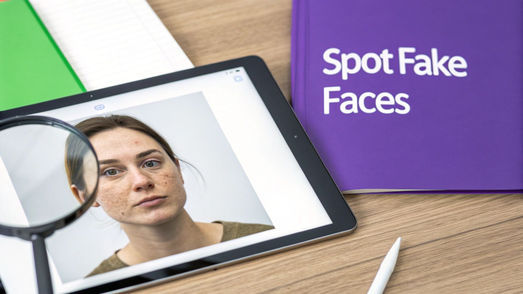 Tablet displaying woman's portrait with magnifying glass and purple card reading spot fake faces