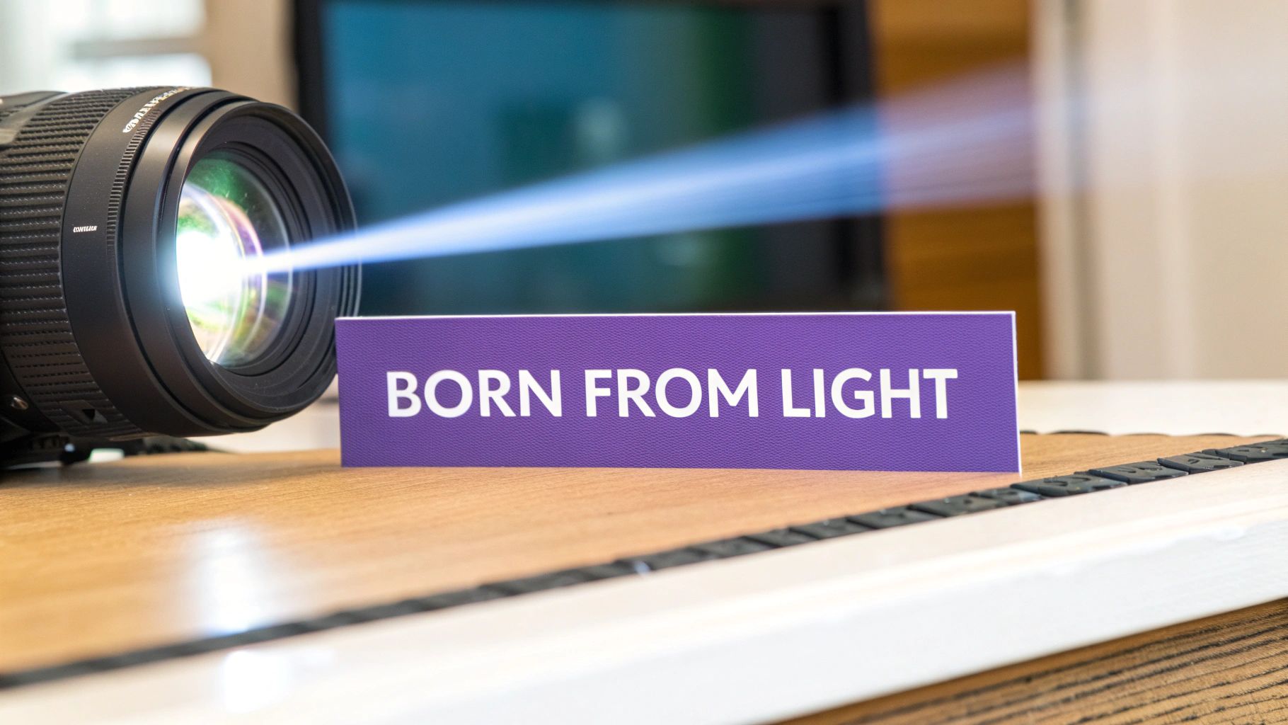 A close-up of a projector casting a bright blue light beam next to a 'BORN FROM LIGHT' sign.
