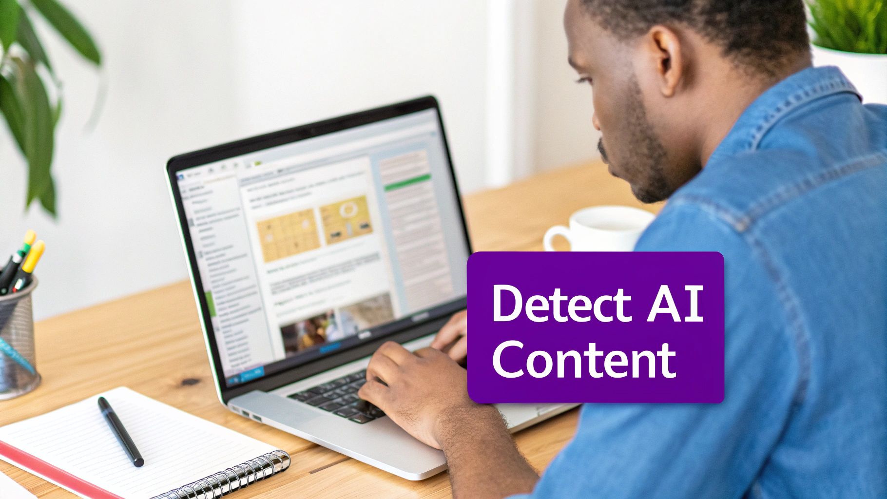 A man works on a laptop at a desk with a prominent 'Detect AI Content' overlay.
