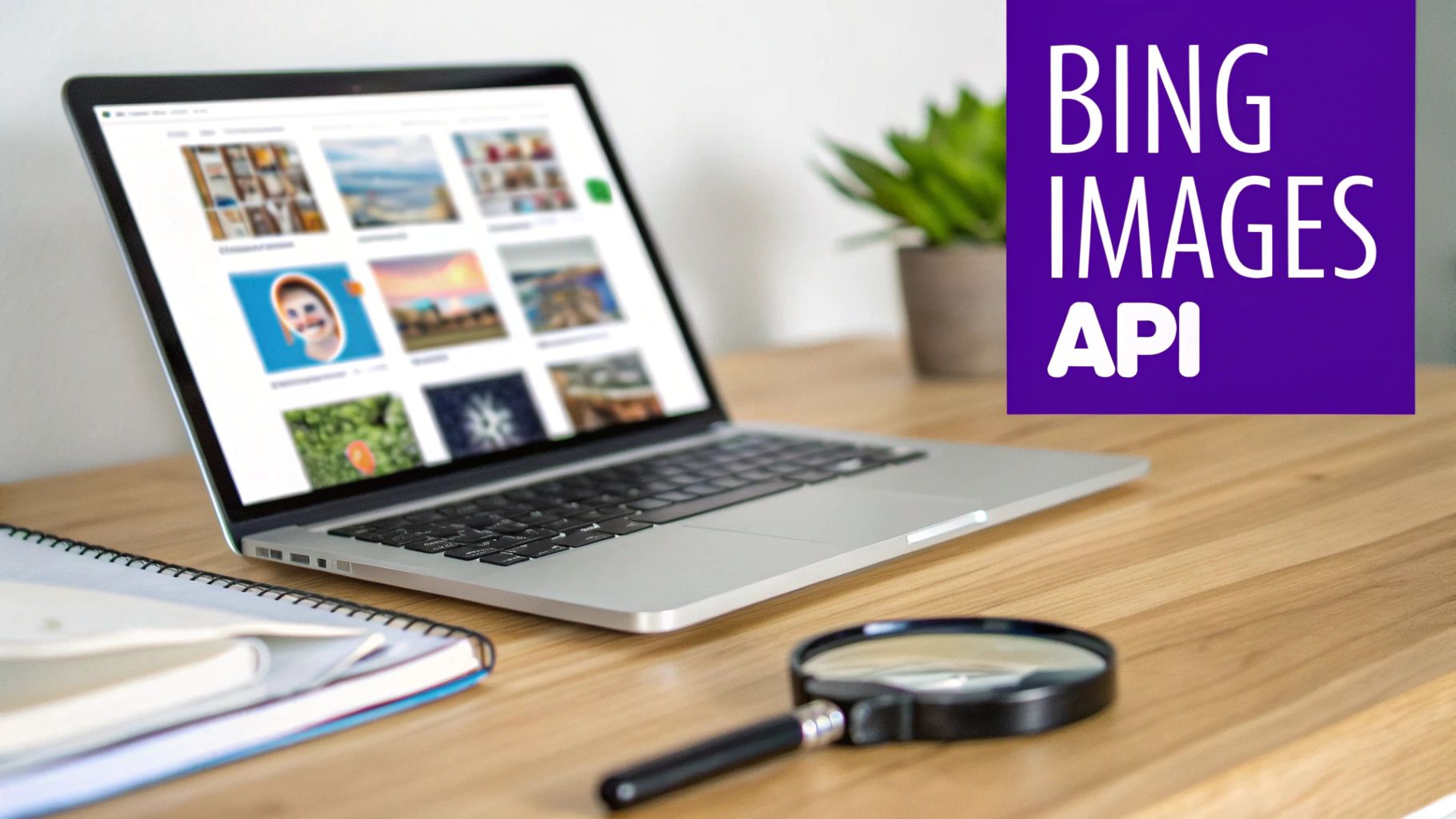 A laptop screen displaying Bing image search results alongside a magnifying glass and a plant on a desk, promoting Bing Images API.