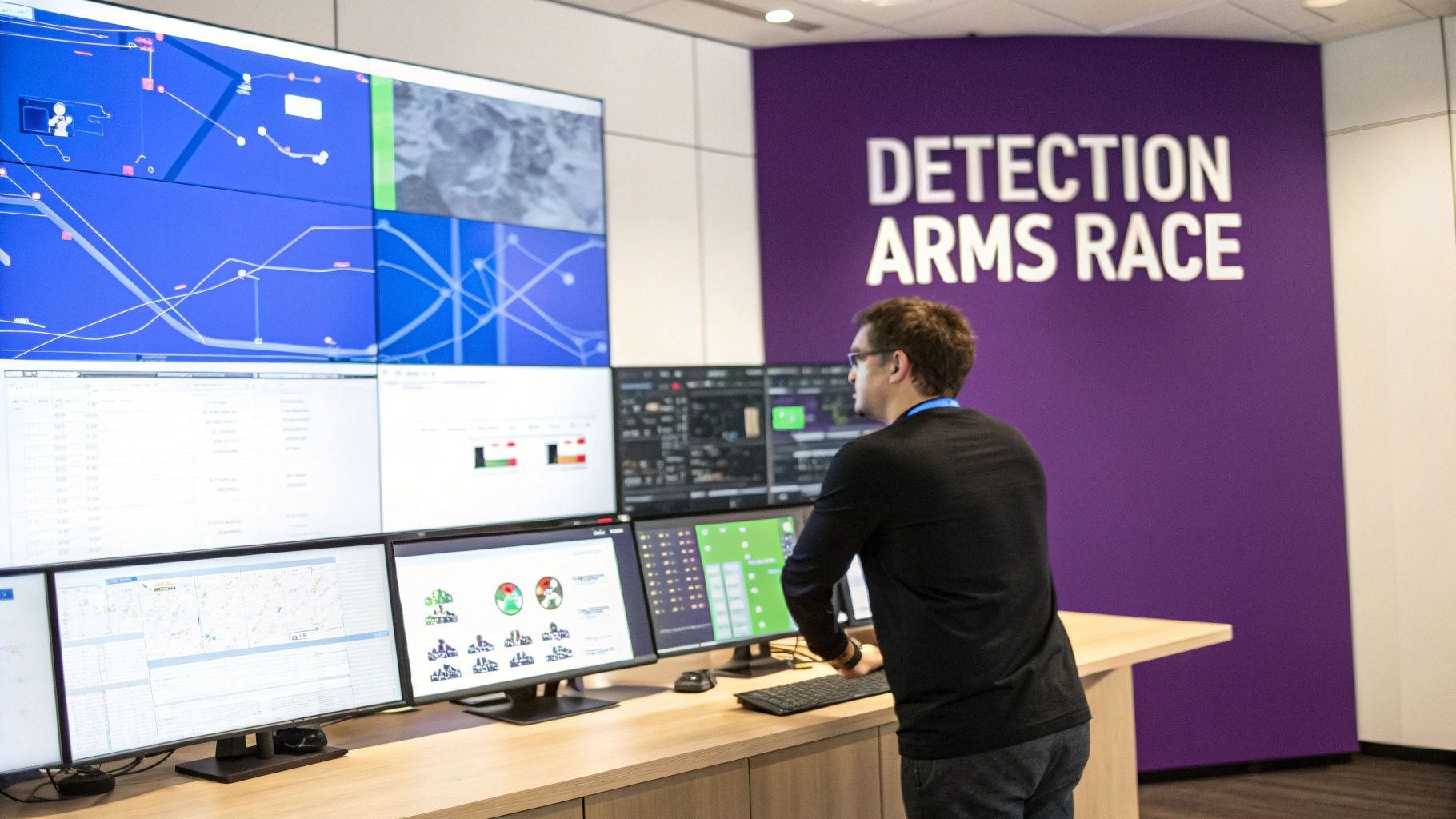 A man in glasses monitors multiple screens displaying data in a high-tech control room.