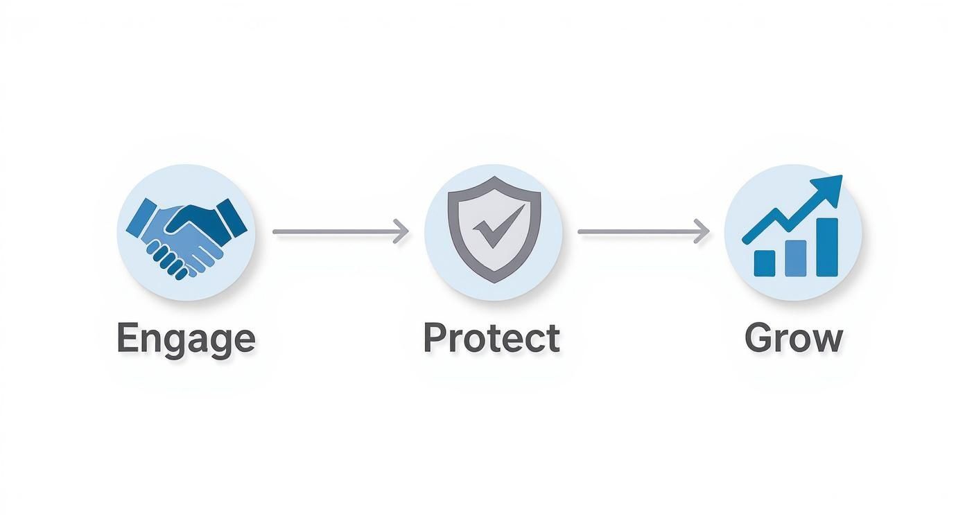 Three-step business process showing engagement, protection with security shield, and growth with upward trending chart