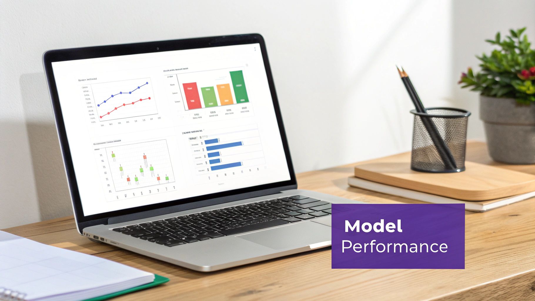 A dashboard showing various performance metrics like precision, recall, and accuracy with charts and graphs.