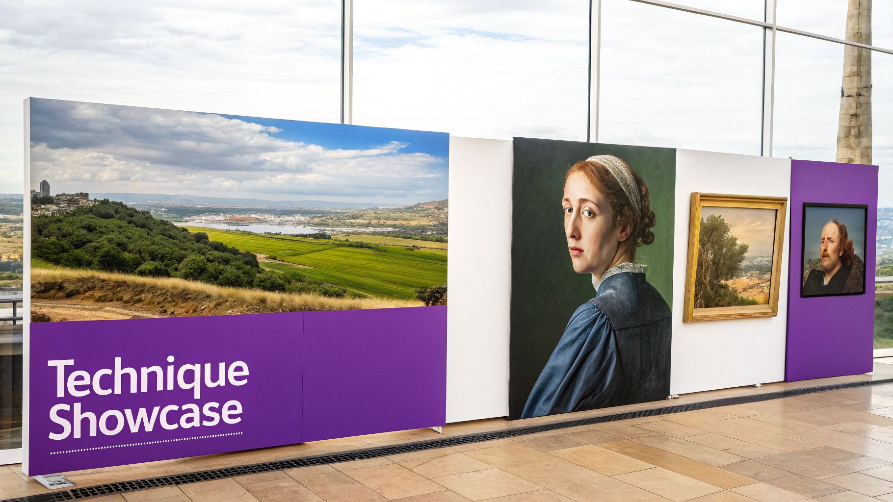 Art exhibition display with landscape images and portraits on purple and white panels indoors.