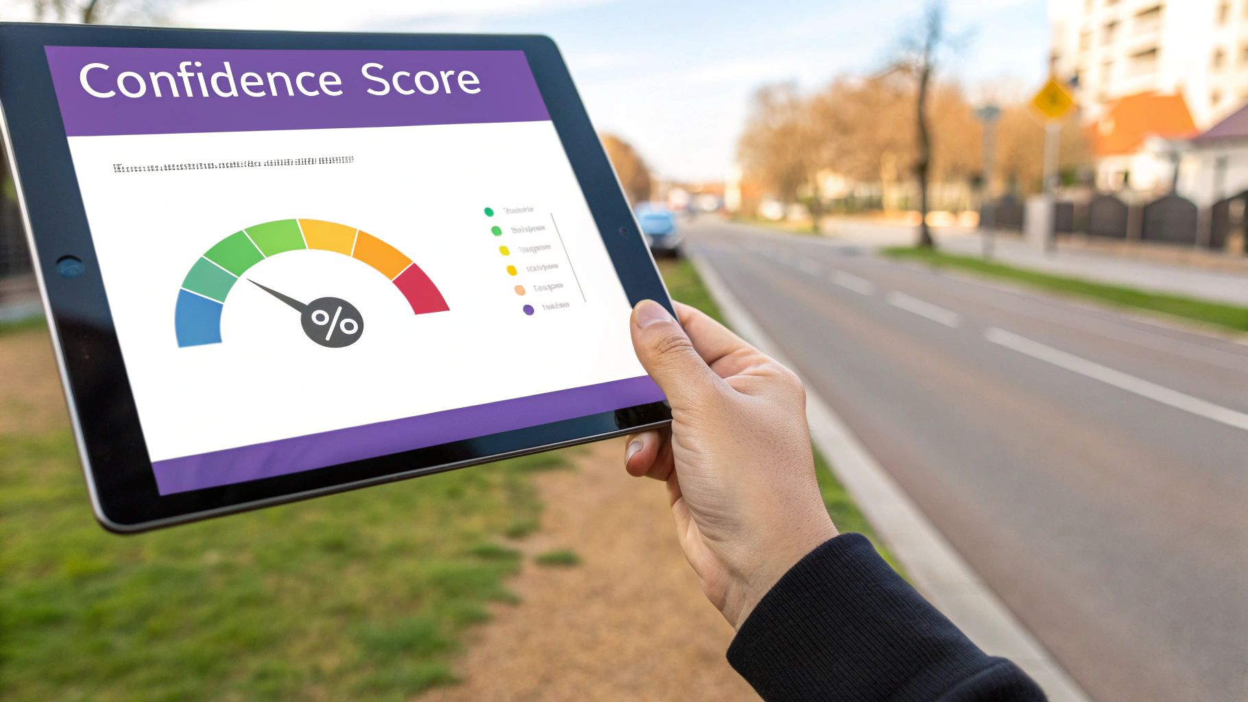 A hand holds a tablet displaying a 'Confidence Score' gauge with a needle and percentage symbol.