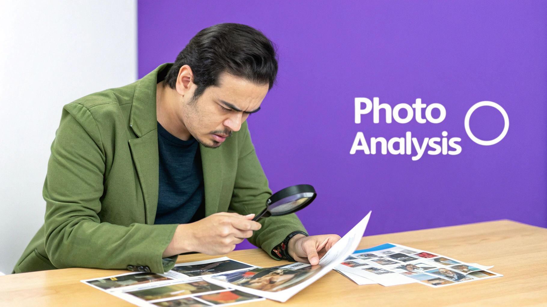 A man in a green jacket meticulously examines printed photos on a desk with a magnifying glass, demonstrating photo analysis.