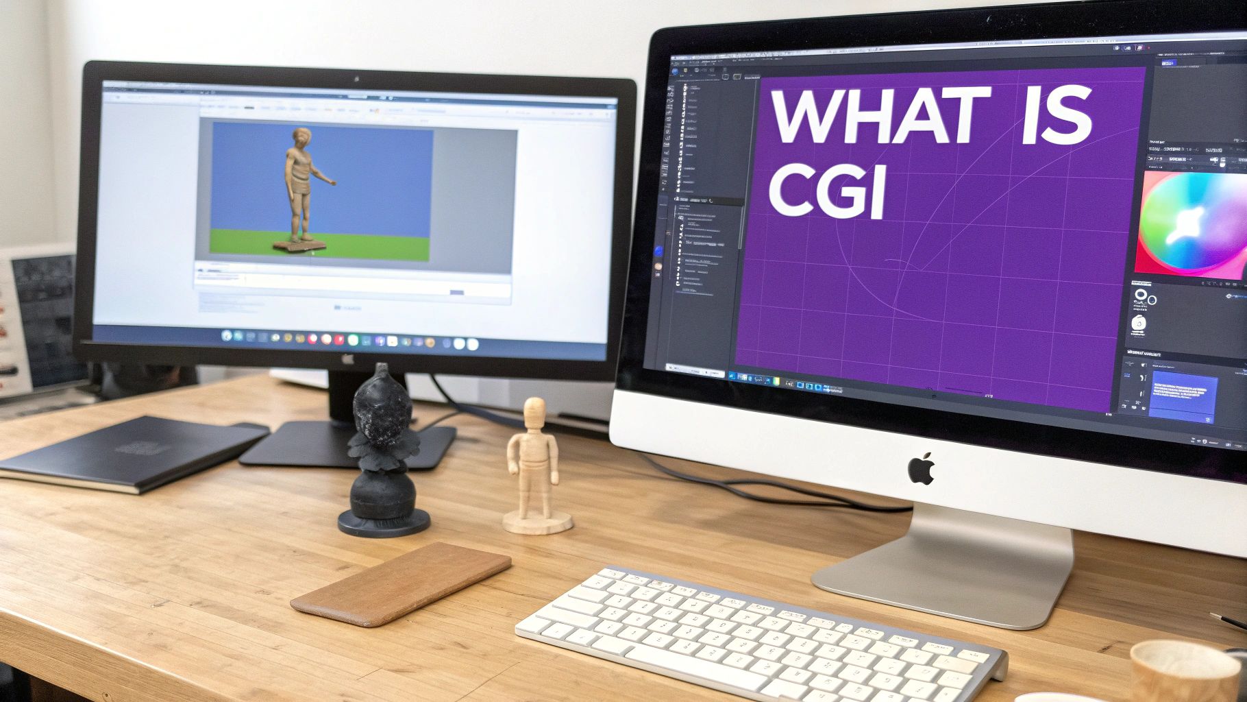 Two computer monitors on a wooden desk displaying CGI graphics and a 3D model.