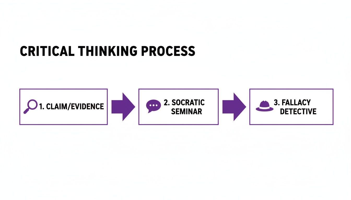 Flowchart illustrating a three-step critical thinking process: claim/evidence, socratic seminar, and fallacy detective.