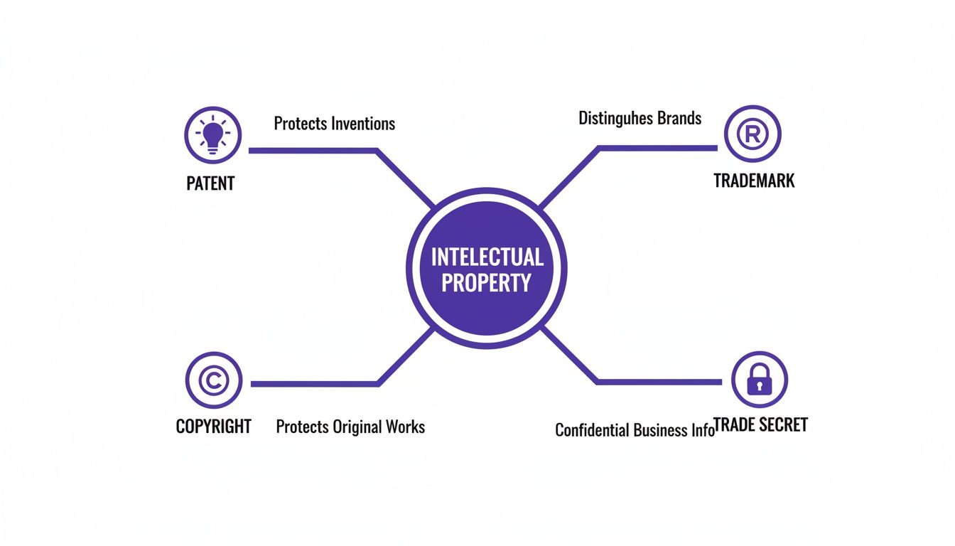 A diagram illustrating the four main types of Intellectual Property: Patent, Trademark, Copyright, and Trade Secret.