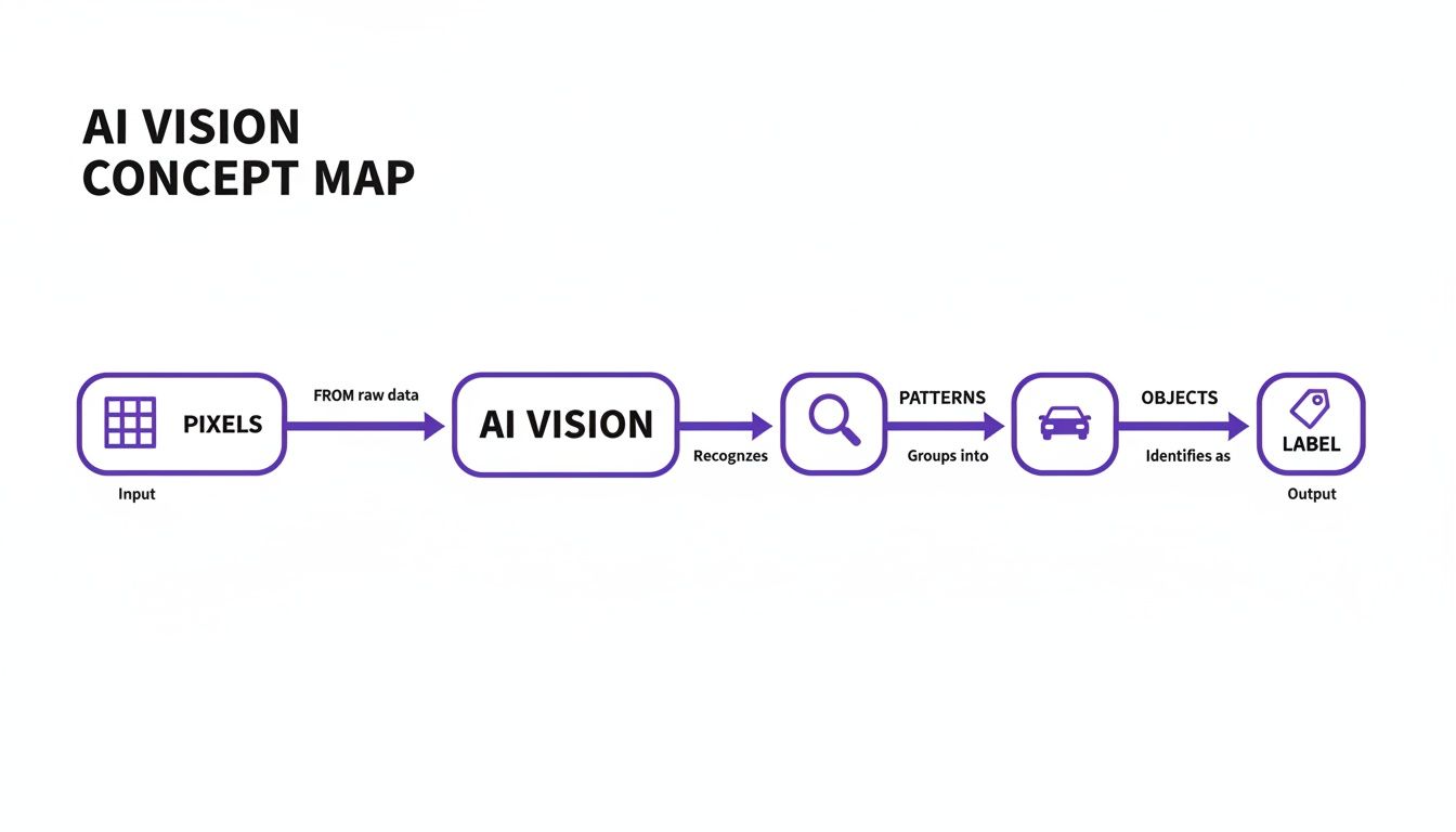 A concept map illustrating the AI Vision process, transforming raw pixels into recognizable patterns, objects, and final labels.