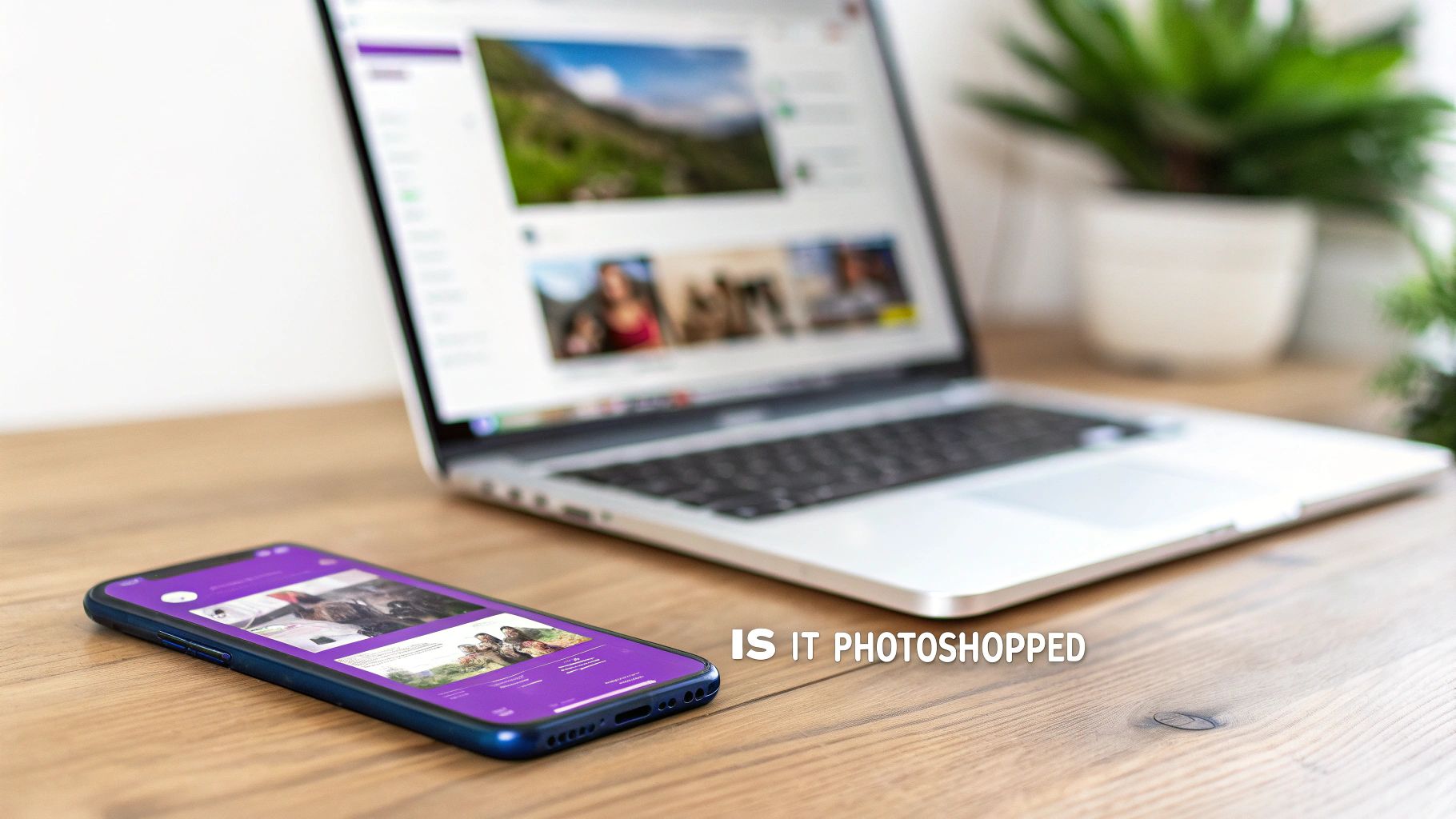 A laptop and smartphone displaying photos on a wooden desk, with a blurry plant in the background.