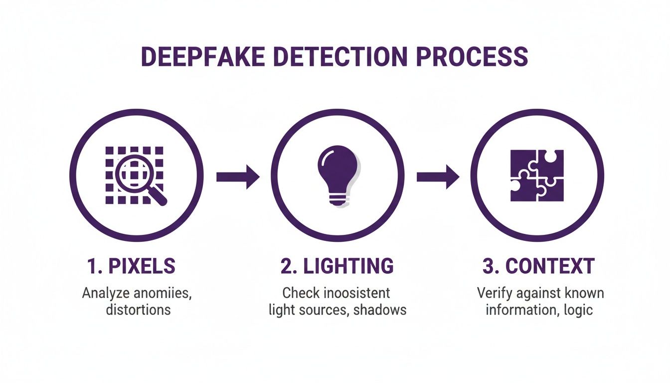 Diagram illustrating the three-step deepfake detection process, including pixels, lighting, and context analysis.