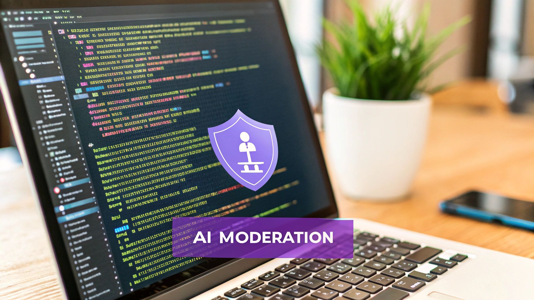 An abstract image showing AI network connections and data processing, symbolizing AI's role in content moderation